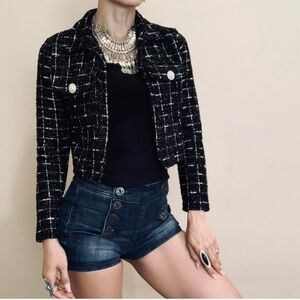 Sincerely Jules Cropped Black Tweed Jacket with Pearl Buttons
